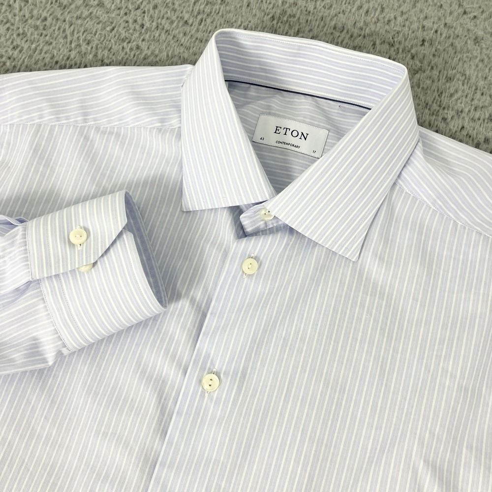 Eton Shirt Mens 17 43 Blue Stripe Regular Fit Spread Collar Dress Long Sleeve